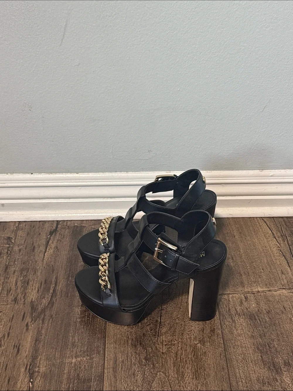 Michael Kors Black Platform Sandals with Gold Chain